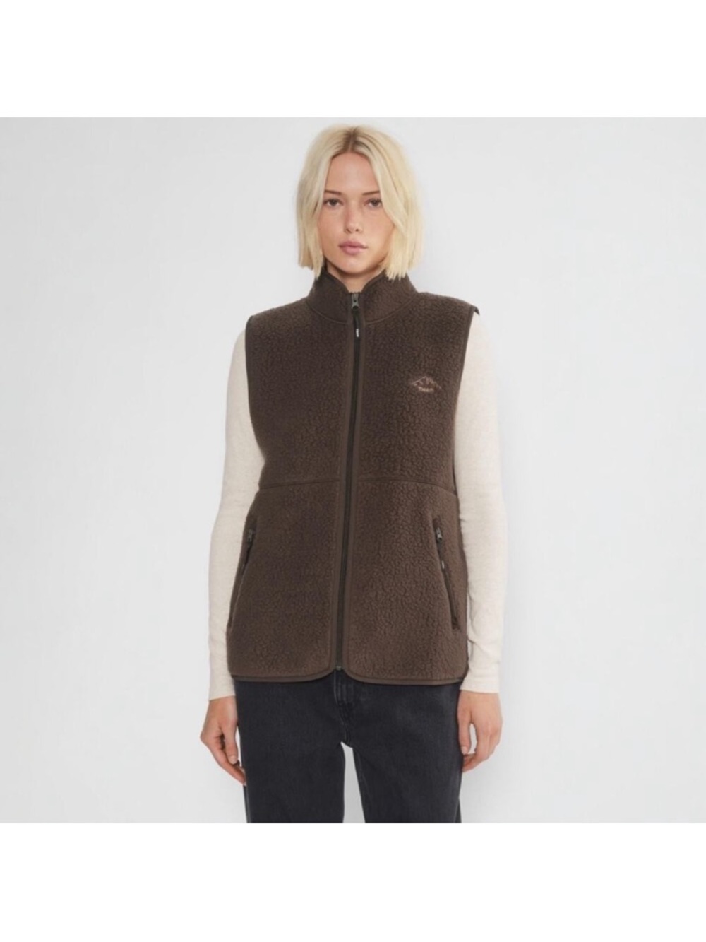 Aritzia TNA Polartec Fleece Mockneck Vest Rich Mocha Brown Large